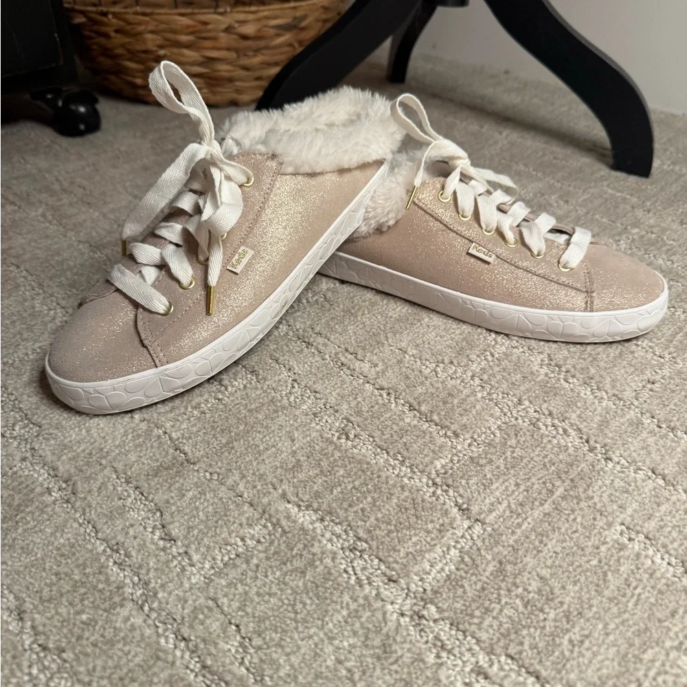 Kate Spade Women’s Shimmering Gold Sneakers‎ with White Fur